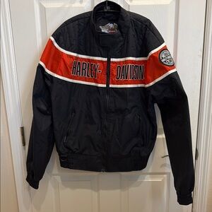 Harley-Davidson Black and Red Varsity Jacket with Bold Stripe